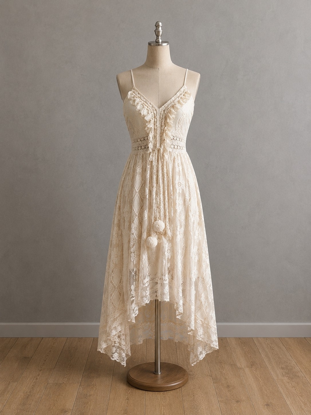 Beige Boho Lace Midi Dress Backless Spaghetti Strap Hi Low Tassel
